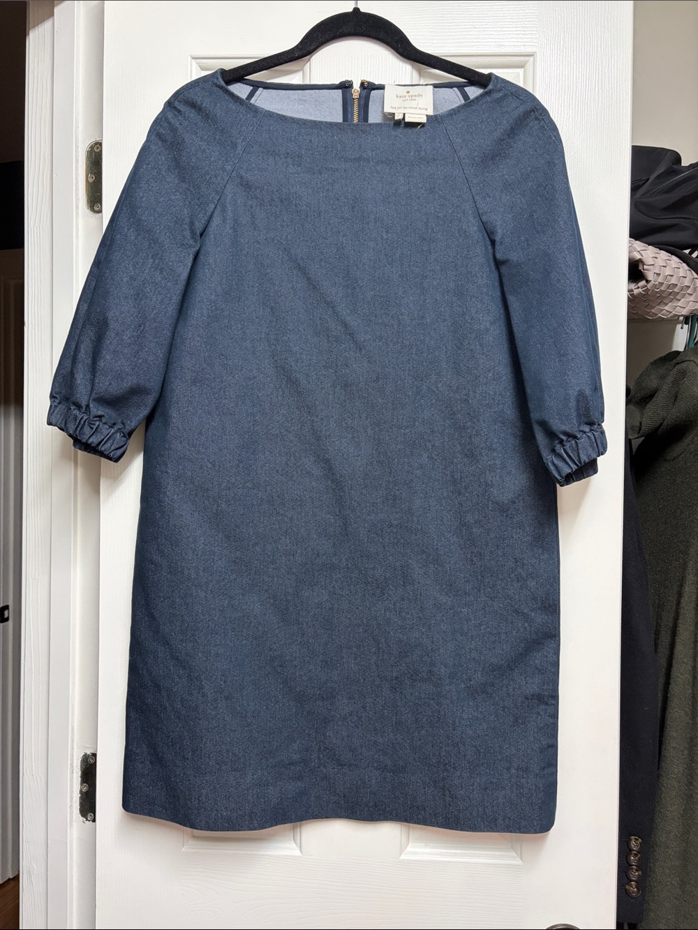 kate spade Indigo-Blue Boatneck Shift Dress with Puff Sleeves